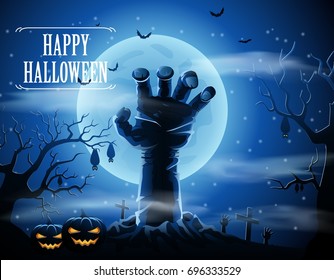 Halloween Background With Zombies And The Moon. Vector Illustration