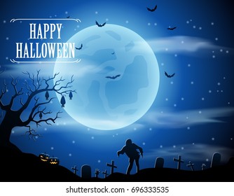 Halloween background with zombies and the moon. Vector illustration