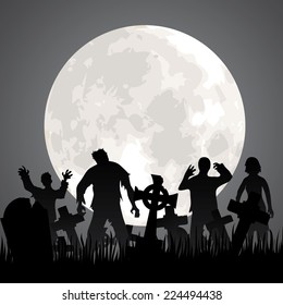 Halloween background with zombies, tombstones and the moon on the cemetery