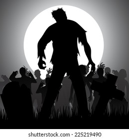 Halloween background with zombies, tombstones and the moon on the cemetery