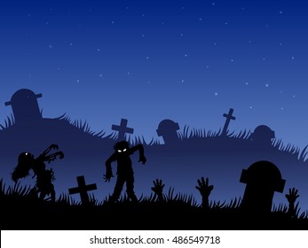 Halloween background with zombies, tombstones and on the cemetery.Vector illustration
