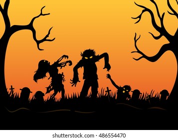 Halloween background with zombies, tombstones and on the cemetery.Vector illustration