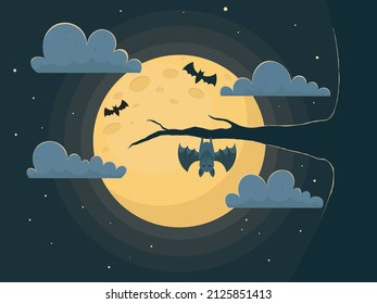 Halloween background.A creepy forest with a full moon and bats