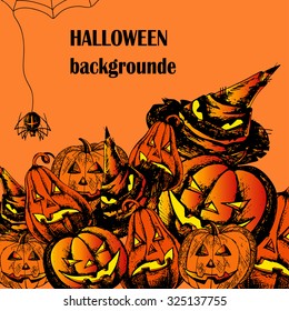 halloween backgrounde with hand drawn pumpkin, hat and spider. Vector illustration.