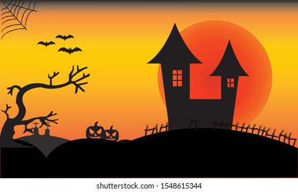Halloween background.Happy Hallowen.Hallowen concept with elements silhouette pumpkins, bats, tree.
