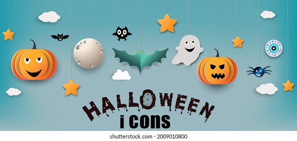 Halloween background.pumpkins with old tomb.They are on tree background.Ghost and flying bats, tomb,scary,decoration.Vector Halloween party decoration and flat style concept.