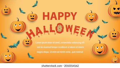 Halloween background.pumpkins with old tomb.They are on tree background.Ghost and flying bats, tomb,scary,decoration.Vector Halloween party decoration and flat style concept.