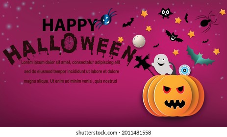 Halloween background.pumpkins with old tomb.They are on tree background.Ghost and flying bats, tomb,scary,decoration.Vector Halloween party decoration and flat style concept.