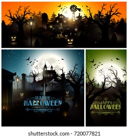 Halloween backgrounds with black forest silhouettes and cemetery on a colorful backgrounds