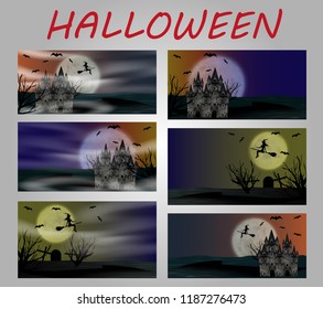 Halloween backgrounds collection with gothic castle, flying young witch, bats and full moon. Vector illustration.