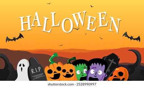 Halloween backgrounds in Halloween day for content online or web, banner and template, Emojis for Halloween day, Flat cartoon flat style. illustration Vector EPS 10