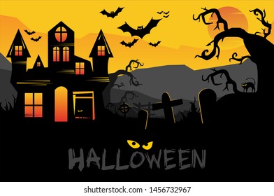 Halloween backgrounds with haunted houses, bats and cats