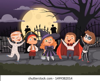 Halloween backgrounds. Kids playing in scary costumes for halloween devil horror party ghost zombie witch vector characters collection