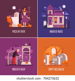 Halloween backgrounds with old ghost house, trick or treat children in costumes of ghost and witch, scary vampire and haunted cemetery. Halloween night cards or concept banners templates vector set.