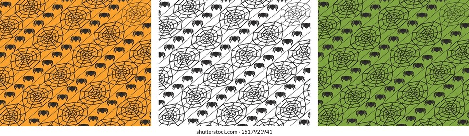 Halloween Backgrounds in Orange, White and Green with Spiders and Webs