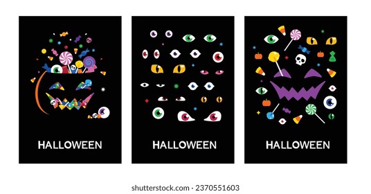 Halloween backgrounds. Pumpkins, candy, sweets, corn seed etc. are scattering black background. Bright and simple illustrations in minimalist style. Best for poster, banner, social media post