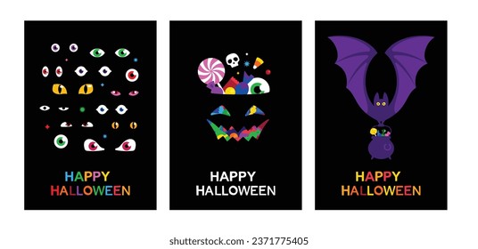 Halloween backgrounds. Pumpkins, candy, sweets, bat etc. on black background. Bright and simple illustrations in minimalist style. Best for poster, banner, social media post.