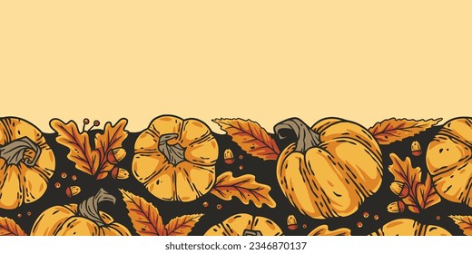 Fondos de Halloween con un patrón ininterrumpido con calabazas para carteles y postales. Colección de octubre con antecedentes de diseño de temporada para la fiesta de halloween y decoración del mercado de vacaciones