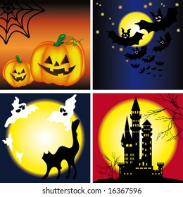 Halloween backgrounds set. decorated with yellow pumpkins, web, bats, black cats, tree branches, the castle against the backdrop of night sky, moon and stars VECTOR (See Jpeg Also In My Portfolio)