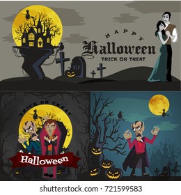 Halloween backgrounds set with vampire and their castle under full moon and cemetery, Draculas monster in coffin flat vector illustrations, good for party invitation or flyer, greeting card