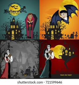 Halloween backgrounds set with vampire and their castle under full moon and cemetery, Draculas monster in coffin flat vector illustrations, good for party invitation or flyer, greeting card