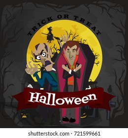Halloween backgrounds set with vampire and their castle under full moon and cemetery, Draculas monster in coffin flat vector illustrations, good for party invitation or flyer, greeting card