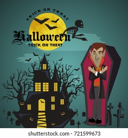 Halloween backgrounds set with vampire and their castle under full moon and cemetery, Draculas monster in coffin flat vector illustrations, good for party invitation or flyer, greeting card