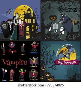 Halloween backgrounds set with vampire and their castle under full moon and cemetery, Draculas monster in coffin flat vector illustrations, good for party invitation or flyer, greeting card