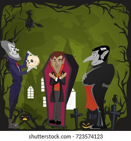 Halloween backgrounds set with vampire and their castle under full moon and cemetery, Draculas monster in coffin flat vector illustrations, good for party invitation or flyer, greeting card