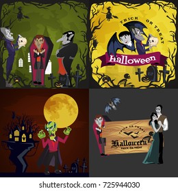 Halloween backgrounds set with vampire and their castle under full moon and cemetery, Draculas monster in coffin flat vector illustrations, good for party invitation or flyer, greeting card