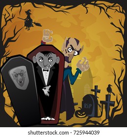 Halloween backgrounds set with vampire and their castle under full moon and cemetery, Draculas monster in coffin flat vector illustrations, good for party invitation or flyer, greeting card