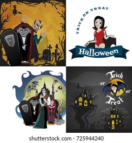 Halloween backgrounds set with vampire and their castle under full moon and cemetery, Draculas monster in coffin flat vector illustrations, good for party invitation or flyer, greeting card