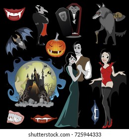 Halloween backgrounds set with vampire and their castle under full moon and cemetery, Draculas monster in coffin flat vector illustrations, good for party invitation or flyer, greeting card