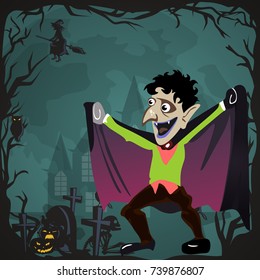 Halloween backgrounds set with vampire and their castle on cemetery, Draculas monster in cloak flat vector illustrations, good for party invitation or flyer, greeting card