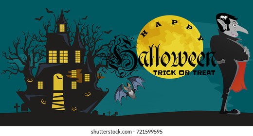 Halloween backgrounds with vampire and their castle on cemetery, Draculas monster in cloak flat vector illustrations, good for party invitation or flyer, greeting card