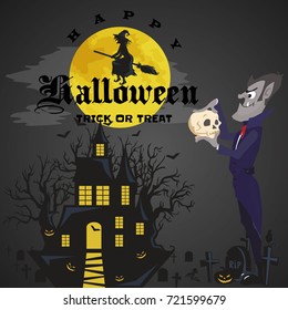 Halloween backgrounds with vampire and their castle on cemetery, Draculas monster in cloak flat vector illustrations, good for party invitation or flyer, greeting card