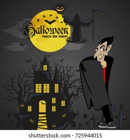 Halloween backgrounds with vampire and their castle on cemetery, Draculas monster in cloak flat vector illustrations, good for party invitation or flyer, greeting card
