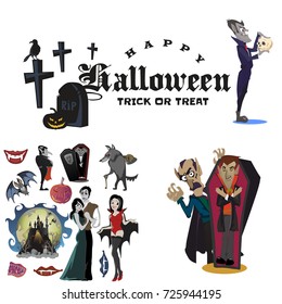 Halloween backgrounds with vampire and their castle on cemetery, Draculas monster in cloak flat vector illustrations, good for party invitation or flyer, greeting card