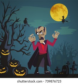 Halloween backgrounds with vampire and their castle on cemetery, Draculas monster in cloak flat vector illustrations, good for party invitation or flyer, greeting card