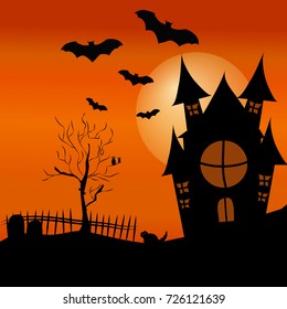 Halloween background.Scary house,tree,cat and bat silhouette.Sky and moon.For Halloween poster,cards design.Vector illustration.