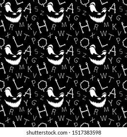 Halloween background.Seamless vector pattern with bones scary font latin alphabet on dark background