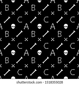 Halloween background.Seamless vector pattern with bones scary font latin alphabet on dark background