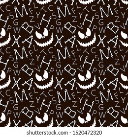 Halloween background.Seamless vector pattern with bones scary font latin alphabet on dark background