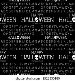 Halloween background.Seamless vector pattern with bones scary font latin alphabet on dark background