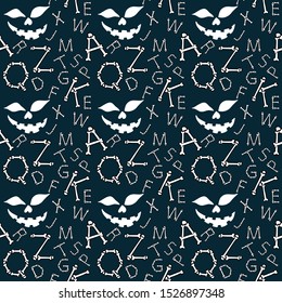 Halloween background.Seamless vector pattern with bones scary font latin alphabet on dark background