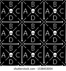 Halloween background.Seamless vector pattern with bones scary font latin alphabet on dark background