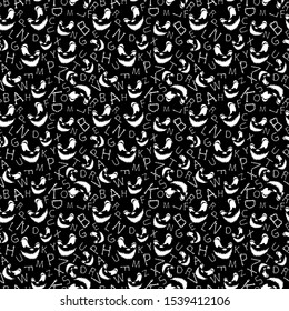 Halloween background.Seamless vector pattern with bones scary font latin alphabet on dark background