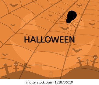 Halloween background.Spider with bats flying and cobweb.Cemetery with Skull.