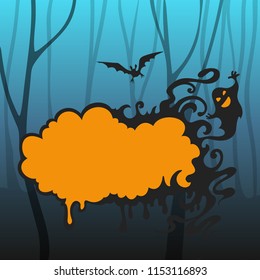 Halloween background.Spooky forest with frame for text, bats flying and ghost.