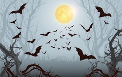 Halloween Pozadí.Strašidelný Les S úplňkem A Netopýry Létání